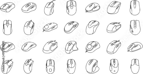 Diverse Computer Mouse Collection - Black and White Line Art Icons