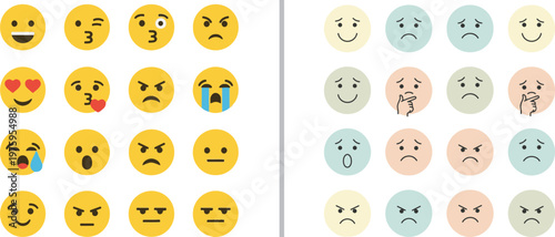 Vector set featuring a grid of classic yellow emoji icons alongside a collection of minimalist, pastel-colored circular faces expressing various emotions like joy, anger, and sadness.