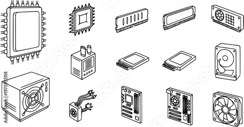 Black and White Line Art Icons of Computer Components: CPU, RAM, Motherboard, Hard Drive, Power Supply, Fan