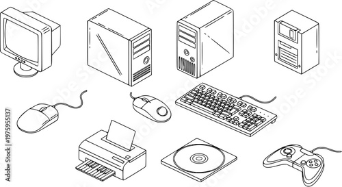 Technology Computer Hardware and Peripherals Isometric Black and White Line Art Set. PC Components, Monitor, Mouse, Keyboard, Printer, Gamepad