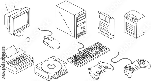 Isometric Black  White Line Art Set of Vintage Technology: Retro Computer Peripherals, Gaming Devices, and Data Storage Icons