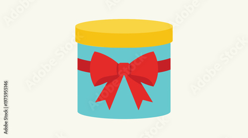 A blue cylindrical gift box with a yellow lid and red bow.
