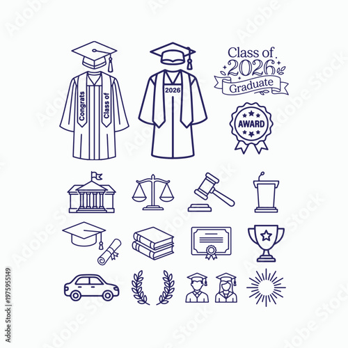 Class of 2026 Graduation Vector Icons Set Education Symbols Line Art