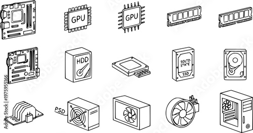 Black and White Line Art Icons of Computer Hardware Components for Technology Industry