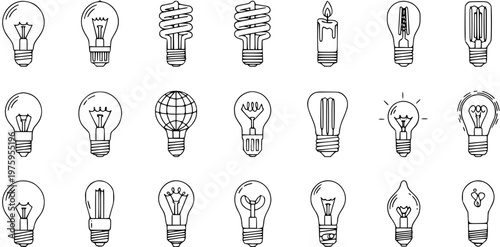 Black and White Line Art of Diverse Light Bulbs and Candle, Technology and Idea Concepts