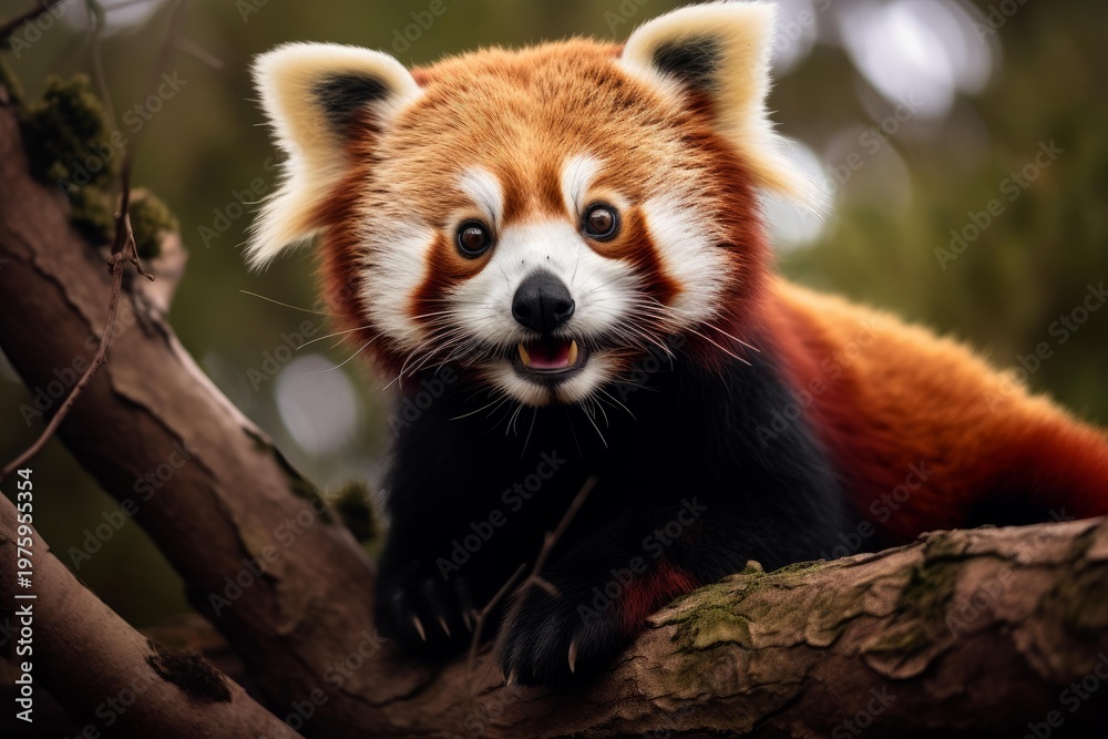 Obraz premium Red panda with bright fur and expressive face resting on a tree branch in its natural habitat