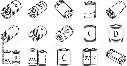 Black and White Line Art Icon Set of Various Batteries for Electronics, Technology, and Household Devices, Featuring AA, AAA, C, D, and 9V Types.