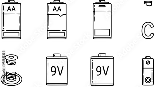 Technology  Electronics: Black  White Line Art Icons of Diverse Battery Types (AA, 9V, C-Cell) and Related Power Elements