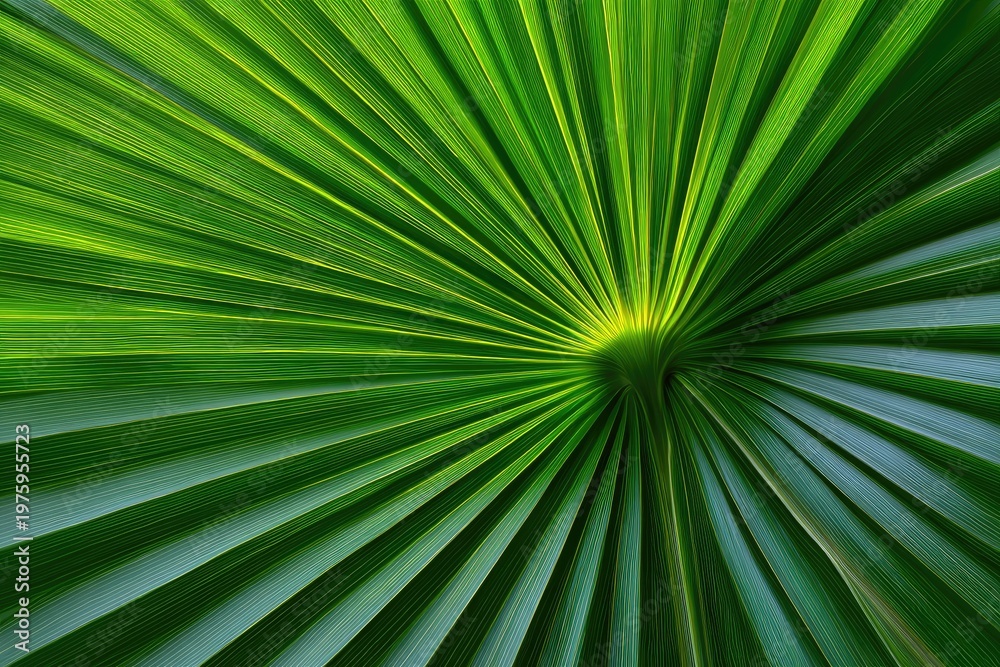 Obraz premium Vibrant green palm frond unfurling, radiating from a central point