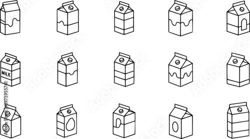 Dairy Food Packaging Line Art Icons Set - Black and White Outline Milk Cartons, Drink Boxes, and Containers