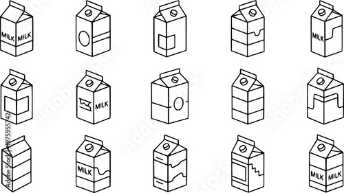 Food and Beverage Industry Black and White Line Art Icons Set of Milk Cartons. Outline Dairy Packaging, Drink Boxes, and Grocery Product Containers.
