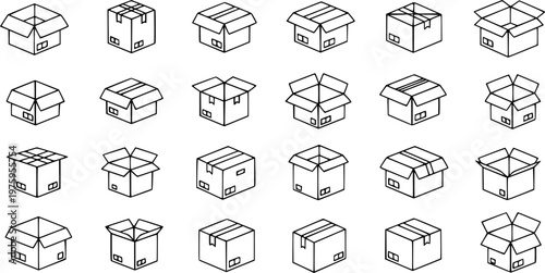 E-commerce Logistics Boxes Line Art Icons Set. Isometric Shipping Cartons and Packaging Outline Glyphs for Delivery.