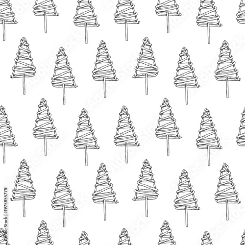 Wicker Christmas tree vector seamless vector pattern in traditional Scandinavian style. Hand drawn Xmas spruce crafted from woven vines and twigs rustic folk ornament for packaging, holiday tag