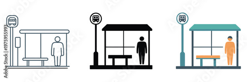 Urban bus stop icon set, editable vector illustrations in minimal line, solid, and vibrant color styles, ideal for mapping, transit planning, and urban mobility graphics.