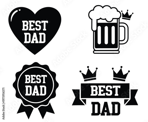 Father's day baseball vector icons best dad heart beer badge crown silhouette set
