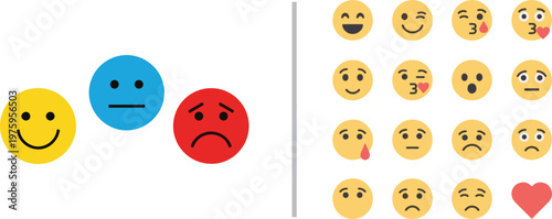 Vector set featuring large yellow, blue, and red faces representing a mood scale alongside a grid of yellow emoji icons showing diverse emotions like happiness, sadness, and love.