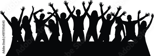Happy diverse group silhouettes raising hands celebrating teamwork unity success party crowd vector illustration people energy