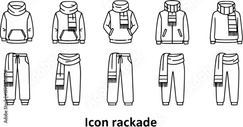 Casual Winter Apparel Line Art Icons with Scarves - Hoodies, Sweatshirts, Jackets, and Sweatpants in Black and White Outline Style