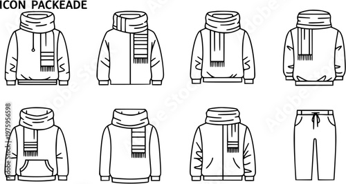 Winter Casual Apparel Line Art Icons Pack: Hoodies, Sweaters, Scarves, and Pants Outline Vector Illustrations for Fashion Design.