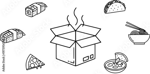Black and White Line Art Food Delivery Box with Sushi, Pizza, Taco, Noodles and Soup Icons