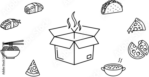 Black and White Line Art Icons of Diverse Fast Food and Takeout Meals