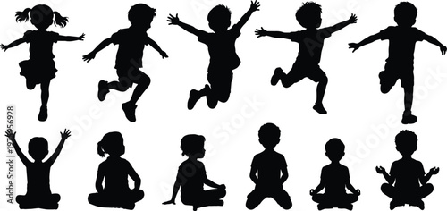 Kids silhouette set, children jumping and sitting poses black vector collection isolated on white background, childhood activity illustration design