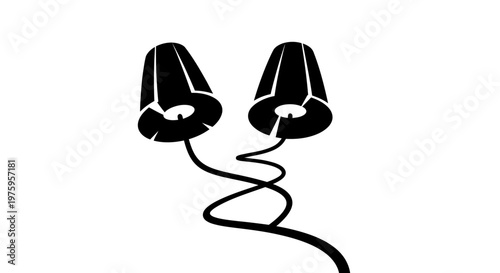Abstract black and white illustration of two stylized bells connected by a winding line.