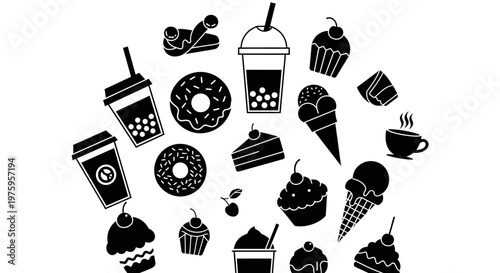 Assortment of delicious desserts and beverages in a stylish black and white vector illustration.