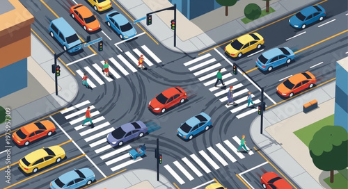 Aerial View of a Busy City Intersection with Cars.