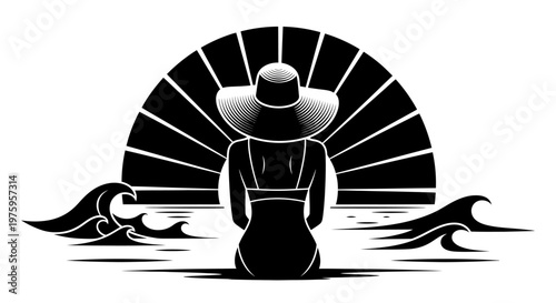 Woman in a hat watching the sunset over the ocean waves.