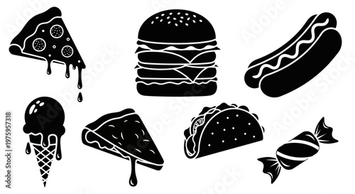 Black and white silhouette illustration of various fast food items including pizza, hamburger, hot dog, ice cream, taco, and candy.