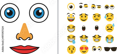 Vector illustration featuring a large stylized face with blue eyes, orange nose, and red lips next to a grid of various yellow emoji icons expressing different moods and emotions.