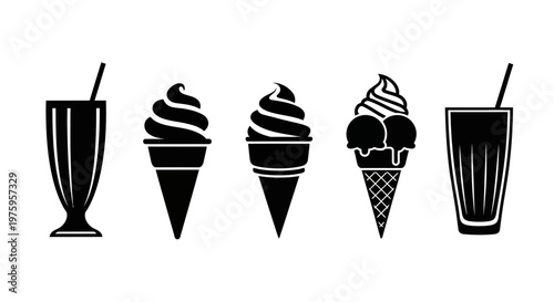 Black and white vector illustration of various ice cream cones and milkshakes, perfect for dessert menus or sweet treat advertisements.
