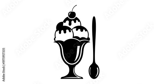 Delicious ice cream sundae with spoon in black and white.