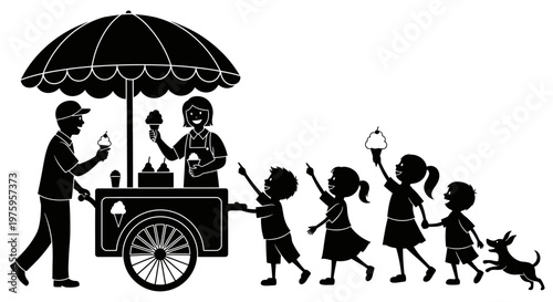 Children line up for ice cream from a vendors cart on a sunny day.