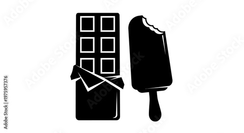 Chocolate bar and ice cream bar black and white illustration.