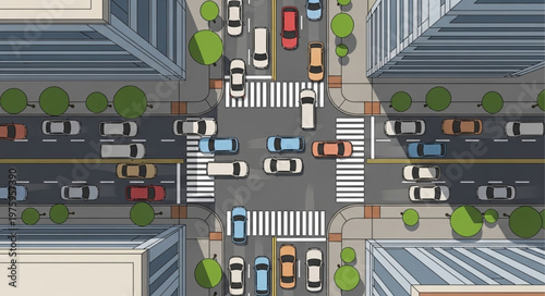Aerial View of a Busy City Intersection with Cars.