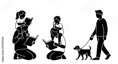 Father and children reading books and man walking dog, family activities, parenting, education, pet ownership, leisure time, bonding moments, silhouette illustr