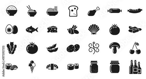 Food icons set, various dishes and ingredients.
