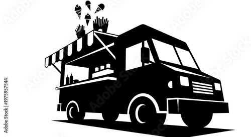 Food Truck Silhouette with Ice Cream Cones and Snacks.