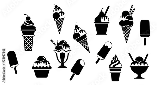 Collection of various ice cream and frozen dessert silhouettes, perfect for menus or sweet treat designs.