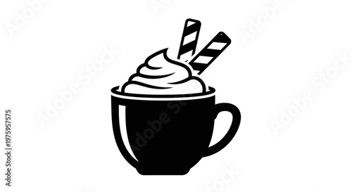 Hot chocolate mug with whipped cream and wafer sticks.