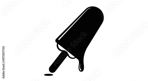 Melting popsicle on a stick, black and white illustration.