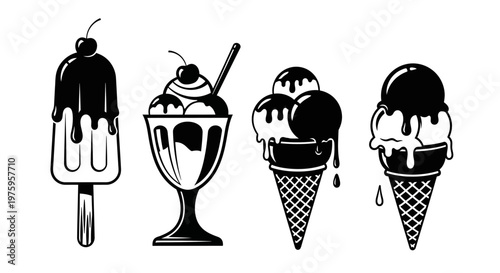 Delicious assortment of frozen dessert treats including cones sundaes and popsicles.