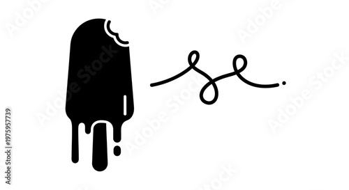 Minimalist black and white illustration of a melting ice cream bar with a bite taken out, next to a stylized se text.