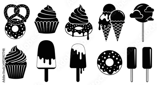 Delicious assortment of sweet treats and desserts in a black and white silhouette collection.