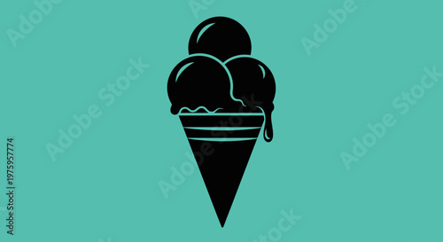 Minimalist Black Ice Cream Cone with Three Scoops on a Teal Background.