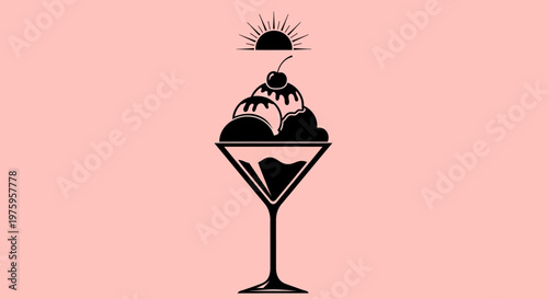 Minimalist silhouette of ice cream sundae in a martini glass with a sun above.