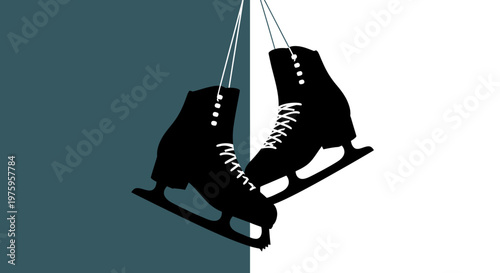 Pair of ice skates hanging against a split background.