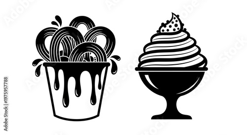 Delicious churros and ice cream dessert in black and white.